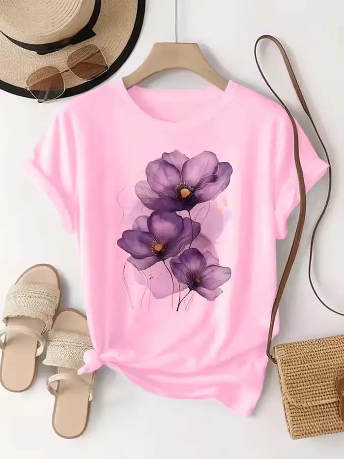 T-shirt femme violet aquarelle fleurs imprimé T petit haut filles Y2k vêtements été à manches courtes t-shirts