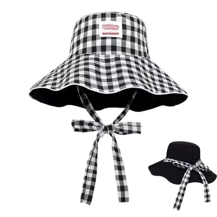 Chapeau Bob à Carreaux, Chapeau de Plage Léger et Pliable à Large Bord Anti-UV avec Lanière Mentonni