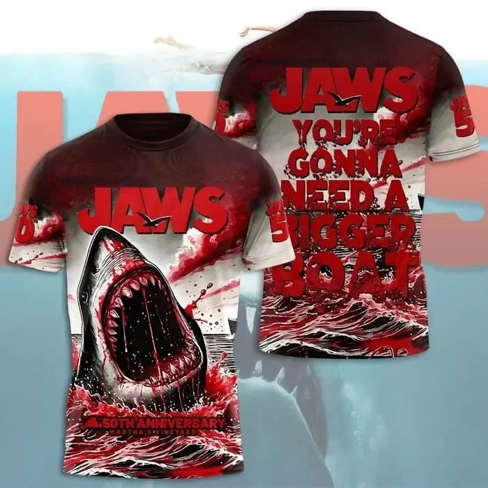 Jaws 50Th anniversaire 3D partout imprimé col rond manches courtes respirant 3D imprimé T-shirt tout