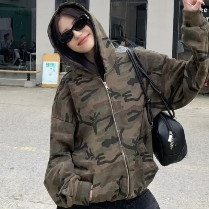 Sweat-shirt à capuche de Camouflage de Style rétro américain pour femme, veste d'automne décontracté