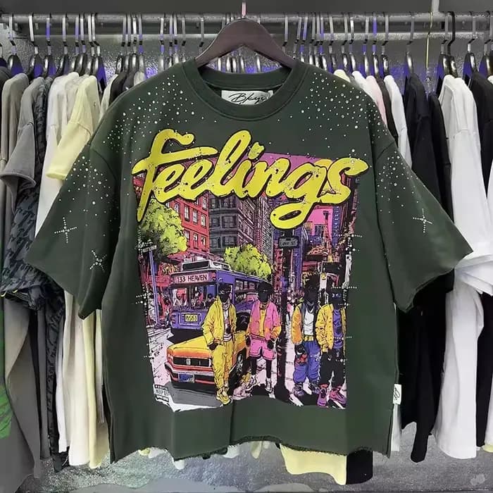 T-shirt court unisexe en molleton French Terry vert abricot avec imprimé graphique streetwear et strass