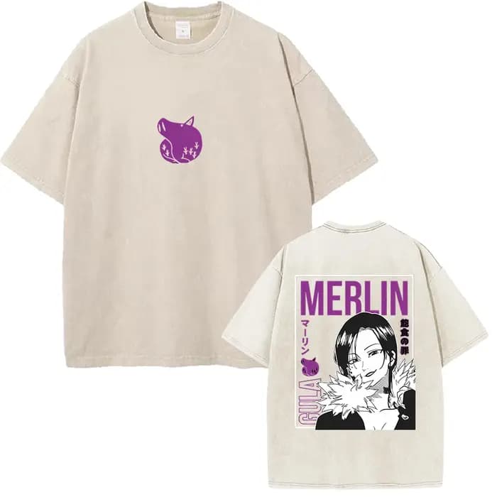 Merlin les sept péchés capitaux graphique T-shirt Manga Vintage lavé surdimensionné T-shirt hommes f