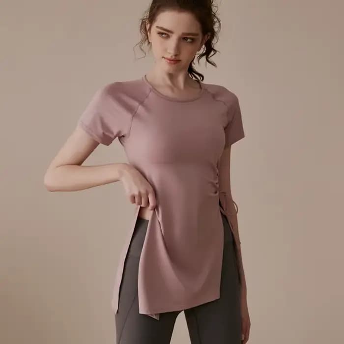 Femmes Yoga chemises manches courtes Sport T-Shirts respirant chemise de course Fitness côté cordon fendu haut