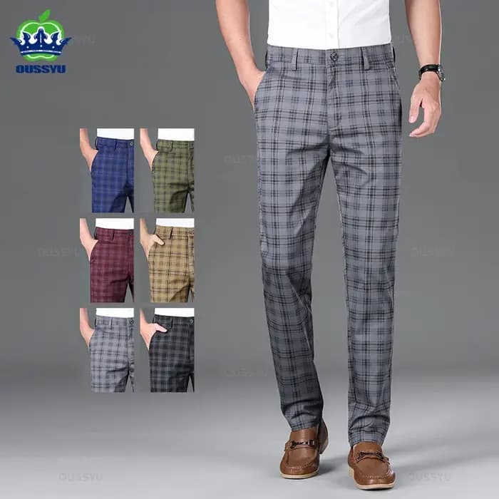 OUSSYU marque vêtements haute qualité pantalons à carreaux hommes classique affaires coton décontracté pleine longueur