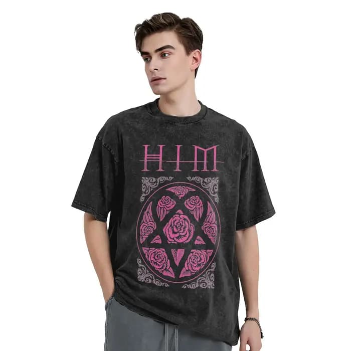 Heartagram Him Band rose lavé t-shirt homme classique T-Shirts décontractés été respirant Hip Hop