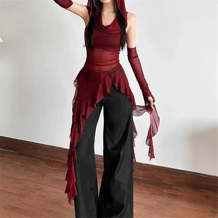 Goth Dark Streetwear années 90 Grunge Mesh Transparent Hauts à capuche Cyber Y2K Ourlet irrégulier Volants Sweat