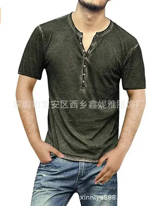 T-shirt manches courtes col Henley pour homme, en coton, vintage, décontracté, de haute qualité, cla