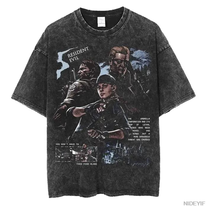 T-shirt rétro délavé avec motif imprimé Biohazard des années 1990