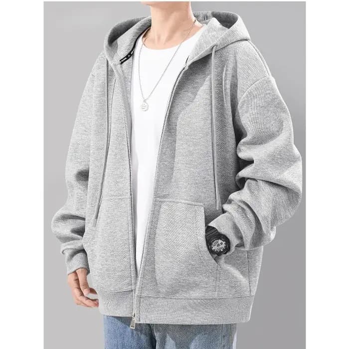 Sweat à capuche lourd avec fermeture éclair complète, version ample et décontractée, gris clair, cou