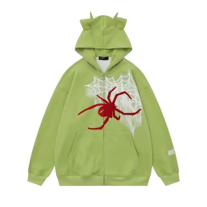 Y2K sweat à capuche zippé Harajuku Hip Hop graphiques brodés cornes du diable