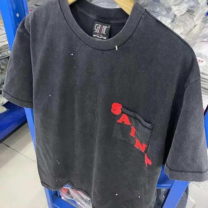 Poche SAINT Logo t-shirts hommes femme Vintage ample lavé à manches courtes noir col rond Streetwear bonne qualité haut