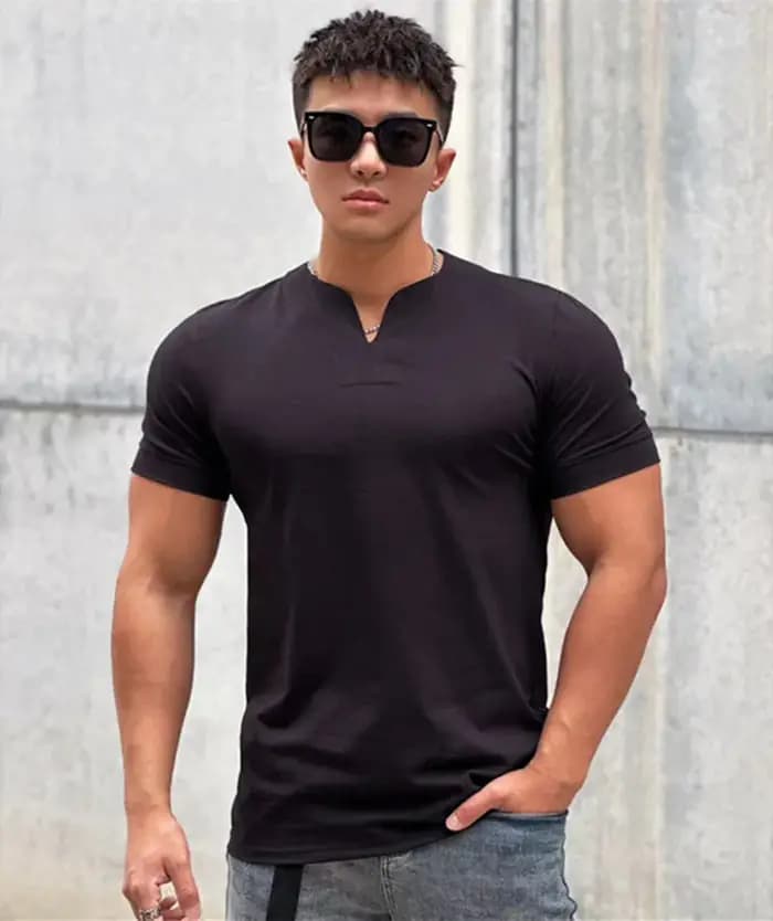 T-shirt de sport imprimé d'été pour hommes, haut à col en V, coupe cintrée, confortable, en coton, à