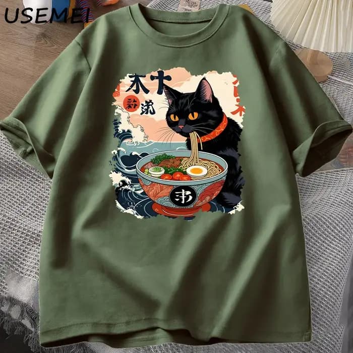 Kawaii chat Anime T-shirt Ramen japonais drôle graphique