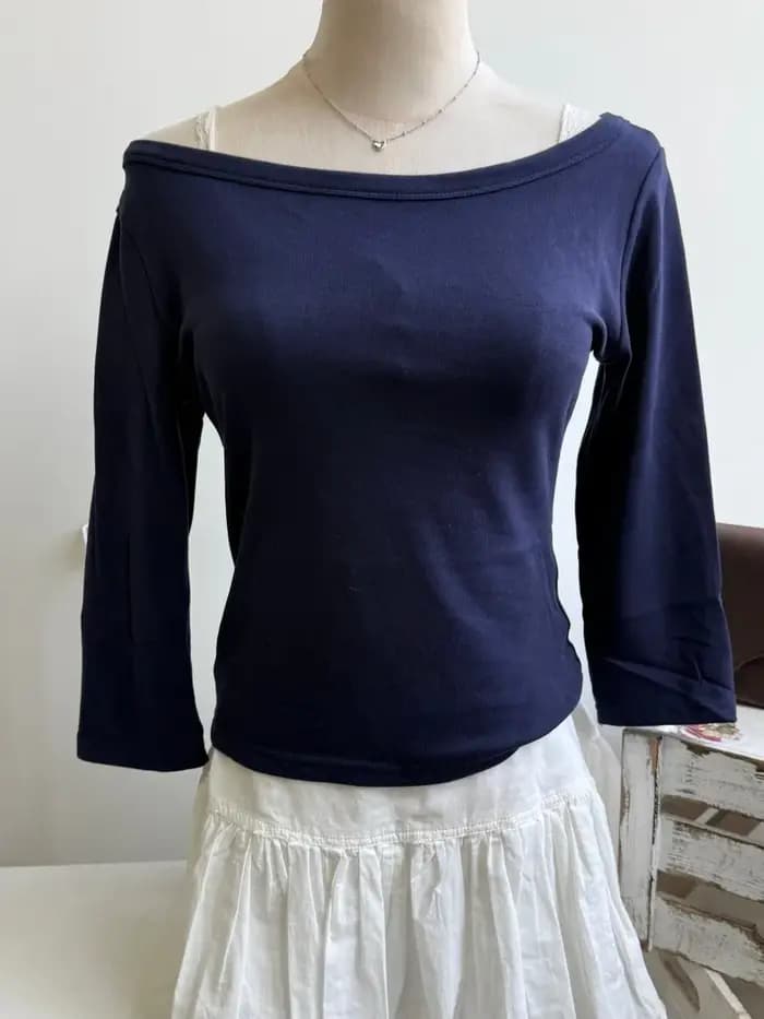 Simple trois quarts manches T-shirts femme automne solide basique Slash cou coton mince haut court