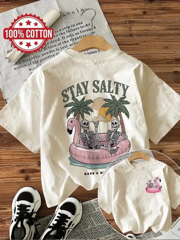 T-shirt pour femme Graphic Stay Salty Skull Beach 100% coton
