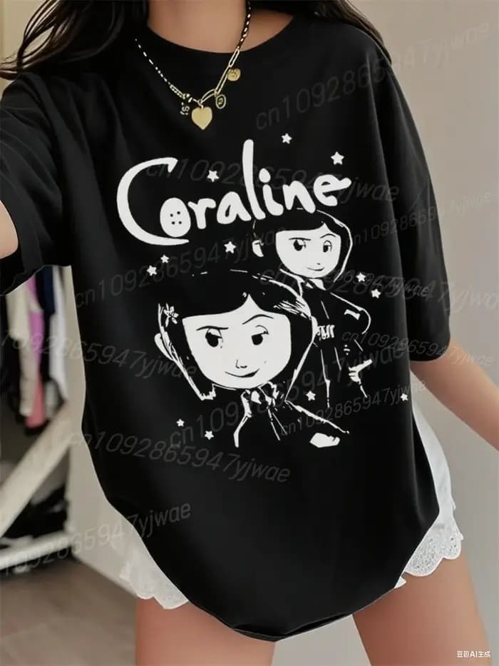 T-Shirt en coton de haute qualité pour femmes Coraline graphique 3d à manches courtes col rond ample et respirant confortable Streetwear haut décontracté
