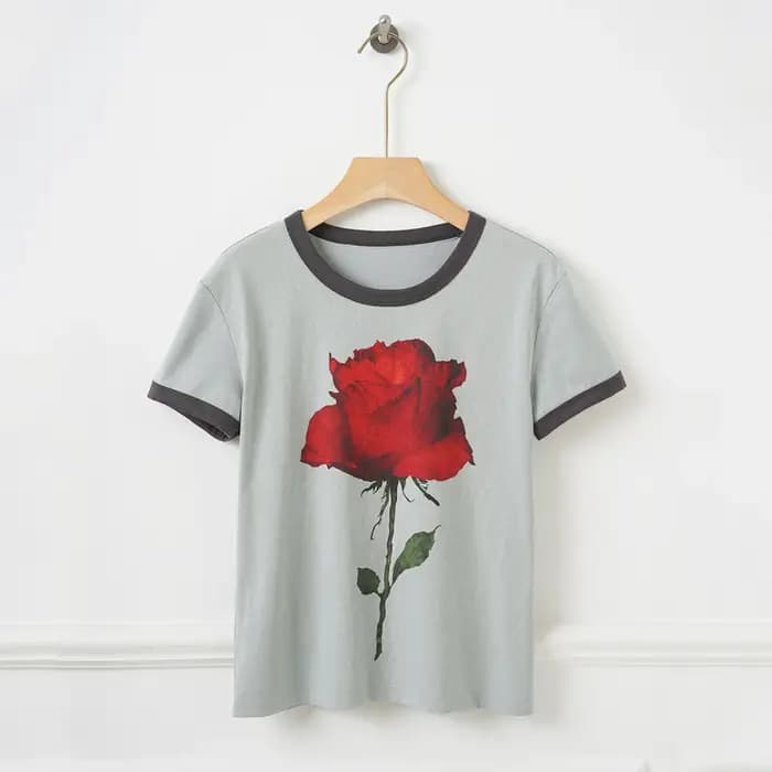 T-shirt Ringer Vintage à Imprimé Rose pour Femme