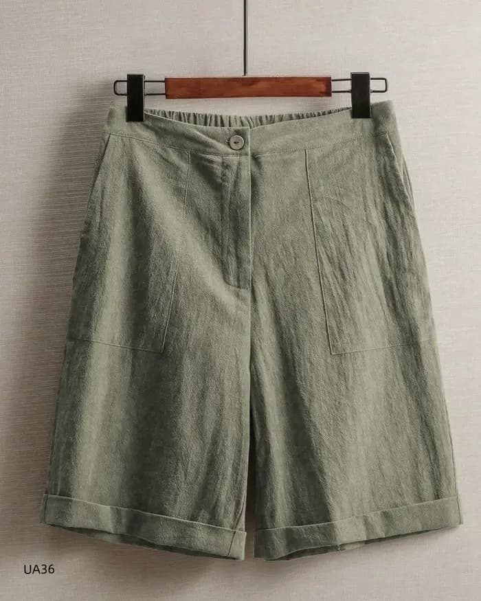 Shorts Bermuda en Lin pour Femme, Taille Haute Élastique, Grandes Poches, Coupe Ample Décontractée,