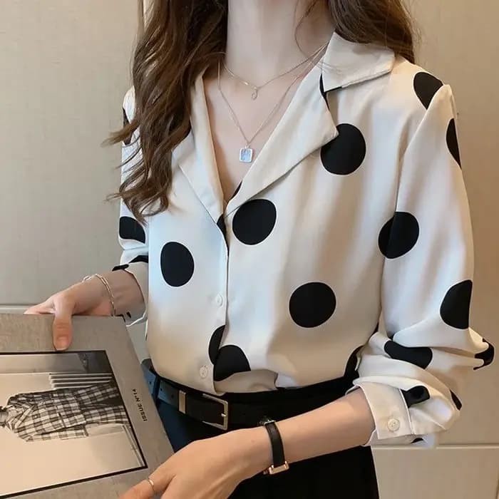Chemise femme à pois élégant revers boutonné Blouse à manches longues été hauts Vintage décontracté