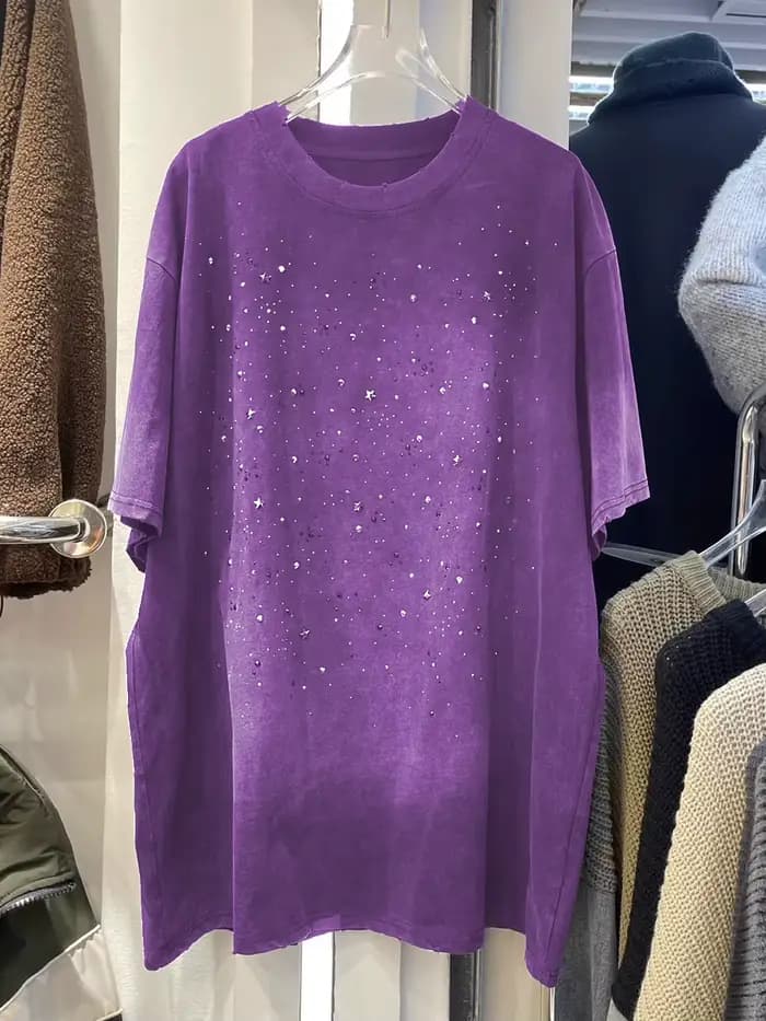 Rétro lavé strass T-shirt été femmes col rond manches courtes surdimensionné t-shirts femme mode hauts amples