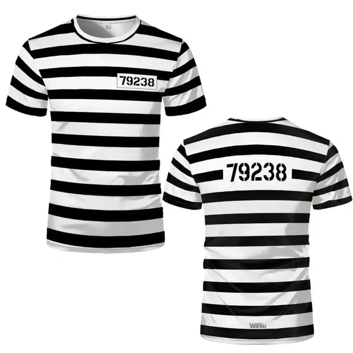Abstract Prison uniforme style rayé imprimé T-shirt drôle jeu de rôle à manches courtes haut unisex humoristique personnalisé vêtements de rue