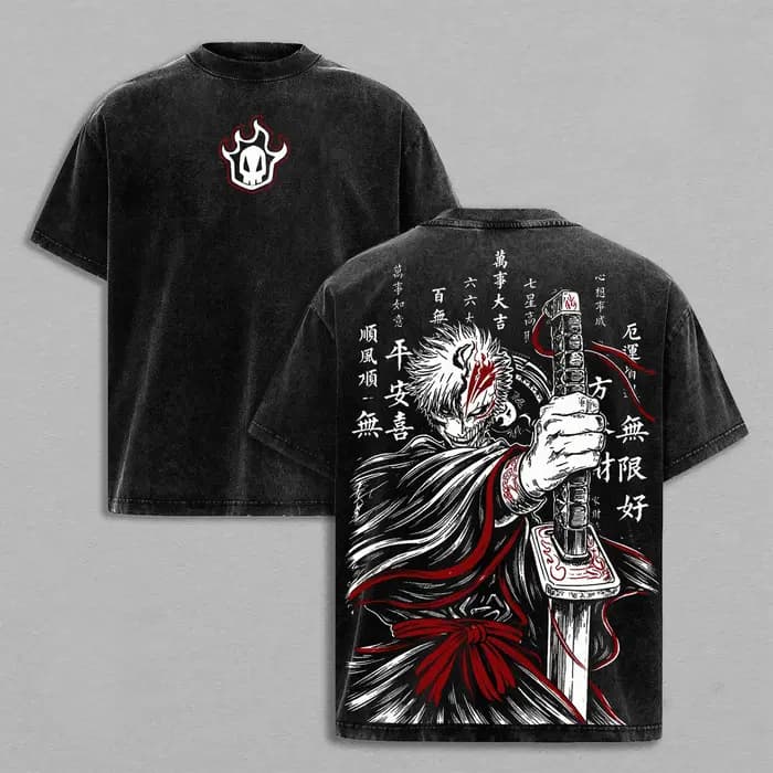 T-shirt Kurosaki Ichigo BLEACH Anime Vintage Lavé Coupe Oversize pour Homme – Vêtement d'été à Manch