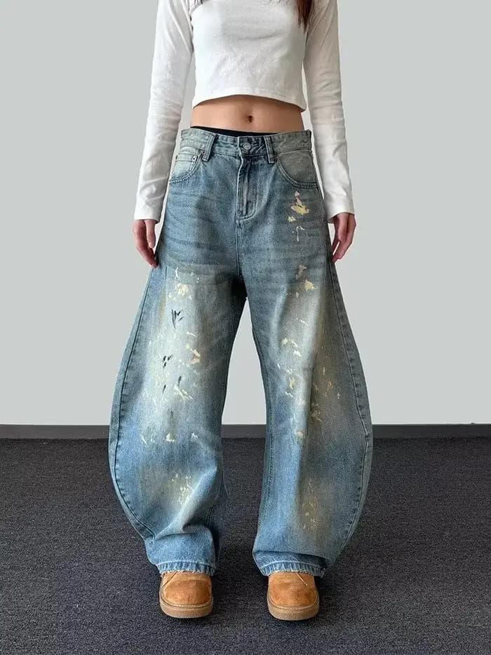 2025 Ropa Y2K mode peinture à l'encre Vintage bleu Baggy jean pantalon pour femmes vêtements vieille jambe large dame