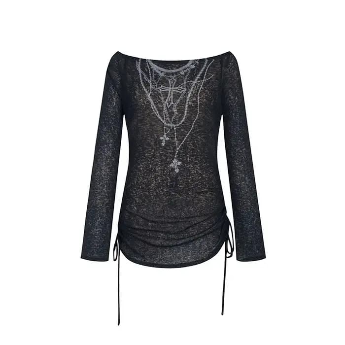 Karrcat Grunge esthétique tricoté hauts Vintage tatouage impression T-shirt Wasteland Punk noir côtelé