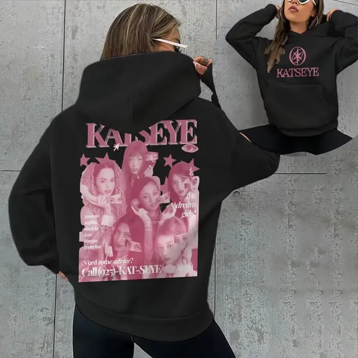 Sweat à capuche rose pour femme avec imprimé Katseye, poches, style hip-hop, cadeau pour les amateur