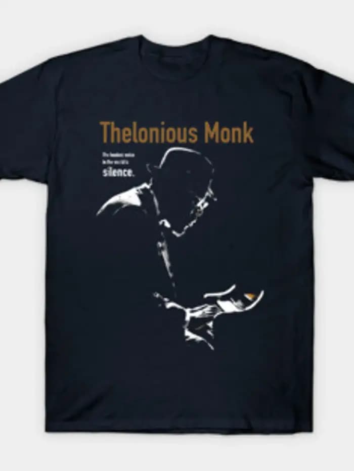 T-shirt noir en coton coupe classique avec silhouette et texte du musicien de jazz Thelonious Monk