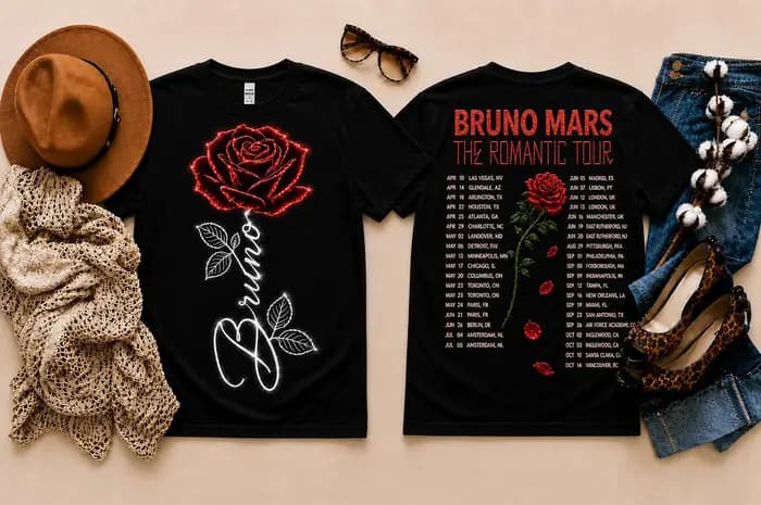 T-shirt The Romantic Tour Bruno Mars pour hommes et femmes, vêtements d'été en coton Y2K, mode ronde