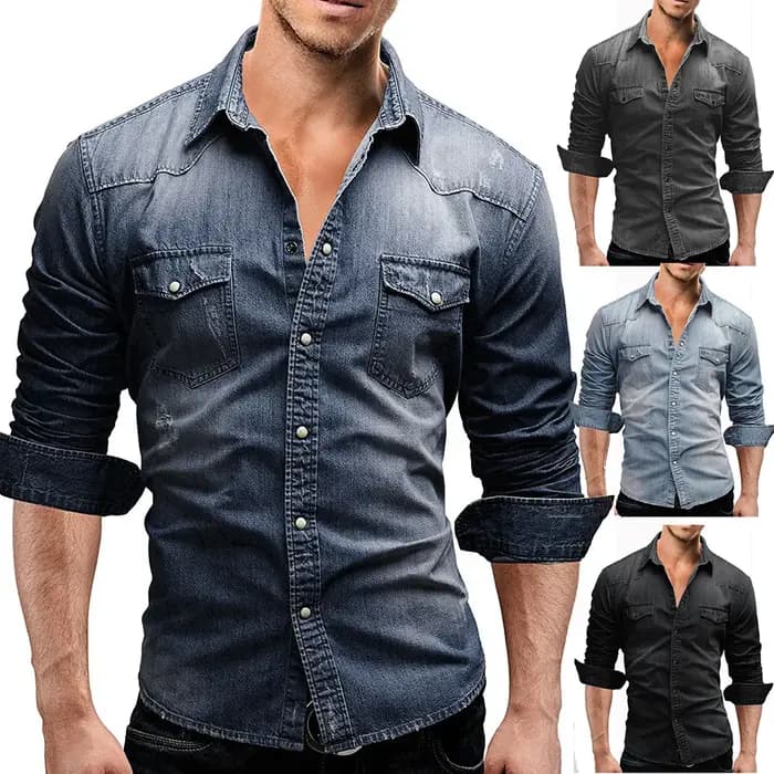Chemise en denim élastique en coton pour hommes, manches longues, chemises de cow-boy de qualité pou