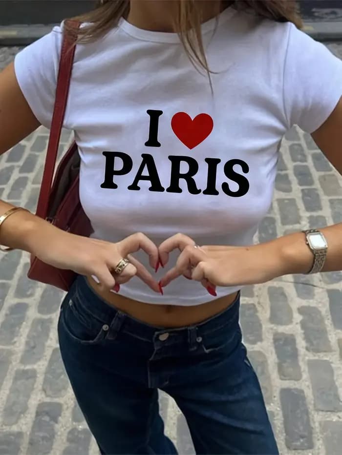 T-Shirt court blanc «I Love Paris» pour femmes