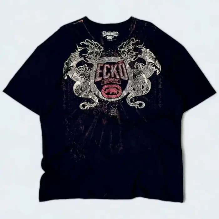 Ecko en détresse métallique Dragon graphique lavé rétro haute rue t-shirt urbain Streetwear mode porter unisexe manches courtes