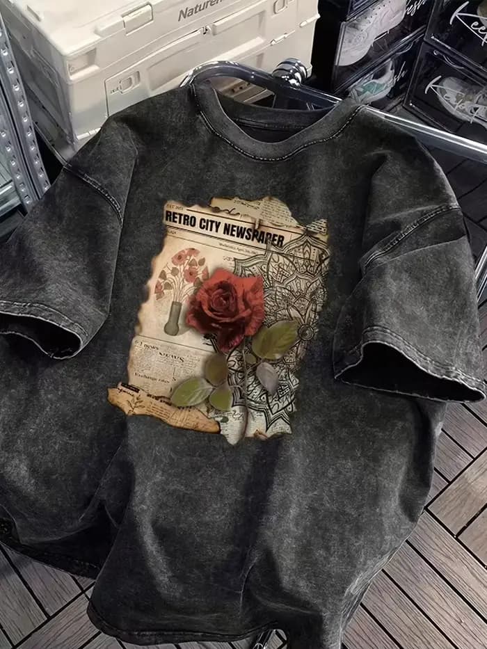 T-shirt vintage délavé avec imprimé rose rétro, t-shirts unisexes pour hommes et femmes, streetwear