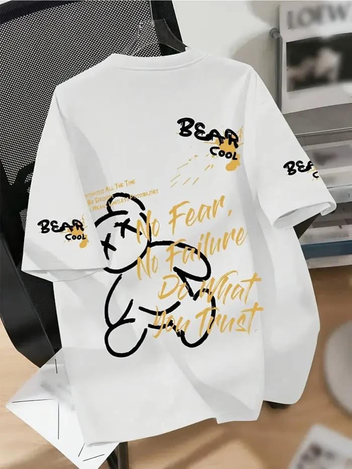 T-shirt d'été respirant pour homme à col rond avec imprimé ours de dessin animé, idéal pour le quoti