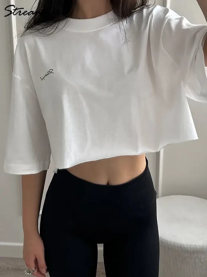 Blanc coton culture t-shirts pour femmes coupe ample été Sexy Baggy haut court t-shirt à manches courtes surdimensionné