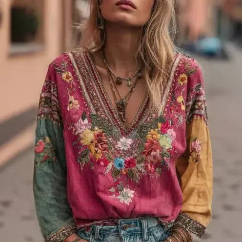 Chemise décontractée à col en V imprimée pour femmes