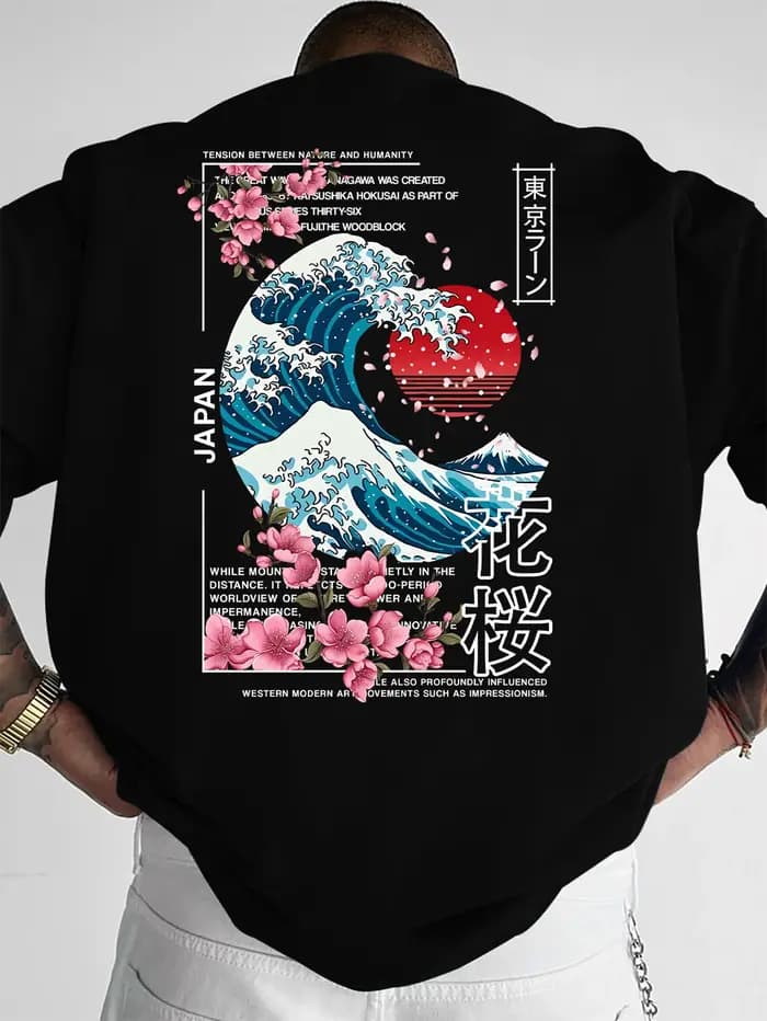 T-shirt imprimé pour hommes, nouvelle mode d'été, motif vague japonaise, fleurs de cerisier, lavable