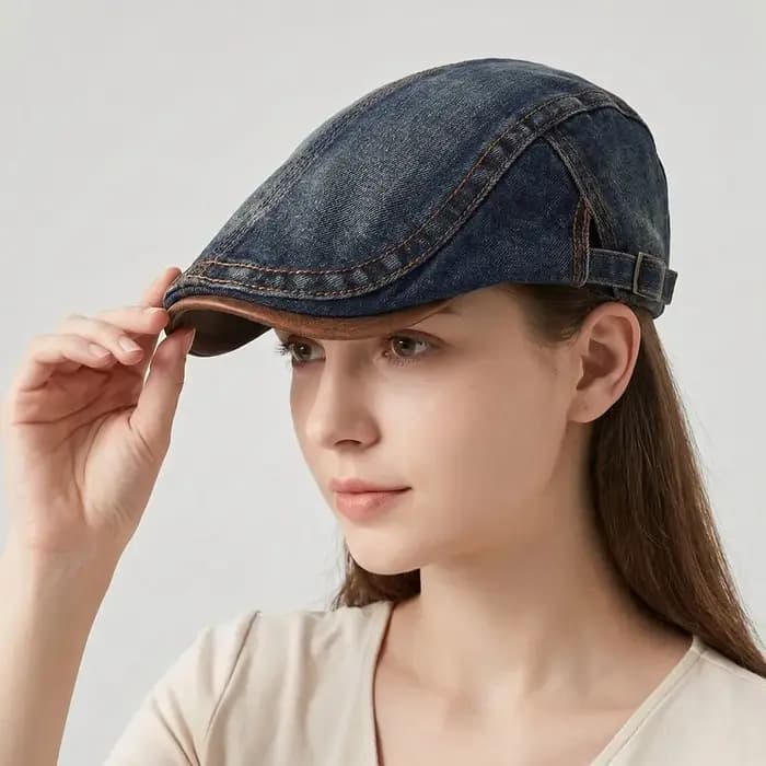 Casquette Gavroche en Jean Lavé Coton Style Britannique Réglable Couleur Unie Printemps