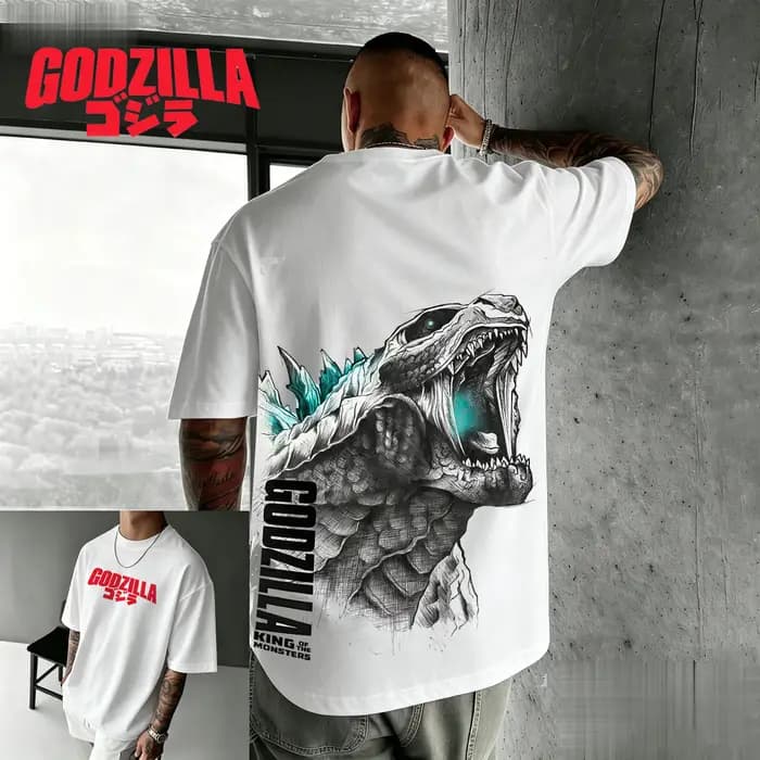 Nouveau t-shirt américain rétro en coton à manches courtes avec imprimé Godzilla