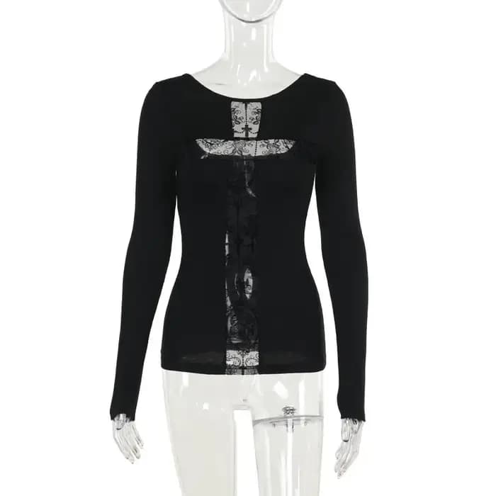 T-shirt gothique en maille évidée pour femme, demi-col roulé croisé, noir, slim, velours doux, manch