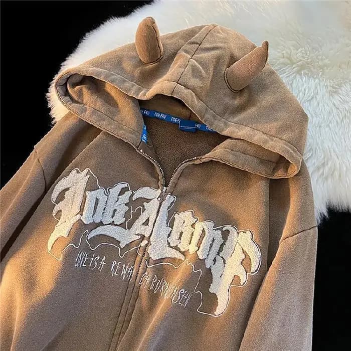 Y2K sweat à capuche zippé Harajuku Hip Hop graphiques brodés cornes du diable