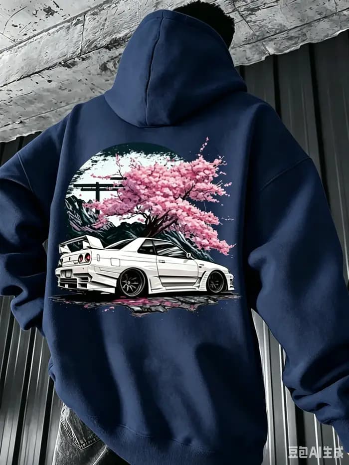 Sweat à capuche pour homme pour l'automne/hiver, style streetwear minimaliste avec graphiques vintage de voiture de sport JDM blanche et de fleurs de cerisier