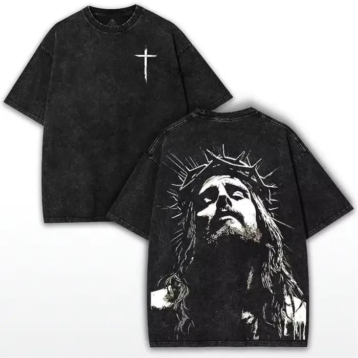 T-shirt Couronne d'épines : Imprimé Grunge Jésus - T-shirt streetwear Faithcore vintage de haute qua