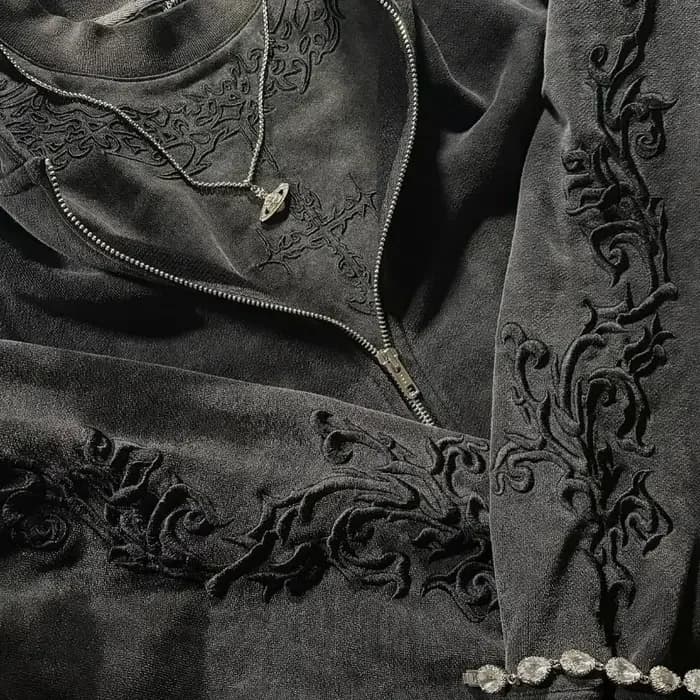Sweat à capuche zippé brodé Y2K Gothique pour Hommes et Femmes