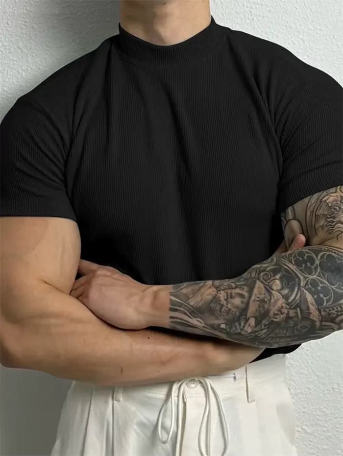 Nouveau T-shirt homme tendance 2026 – Haut de sport à col montant rayé