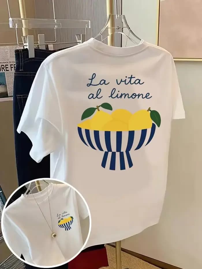 Lemon, Vita Print T-shirt à manches courtes et col rond pour femme