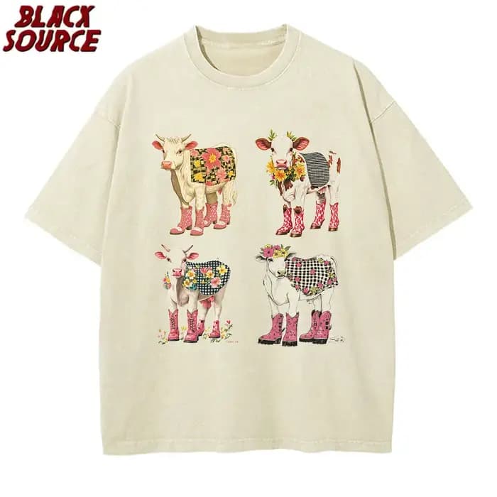 T078 T-Shirt imprimé vache de dessin animé mignon pur coton lavé épaule col rond Style neutre mode t