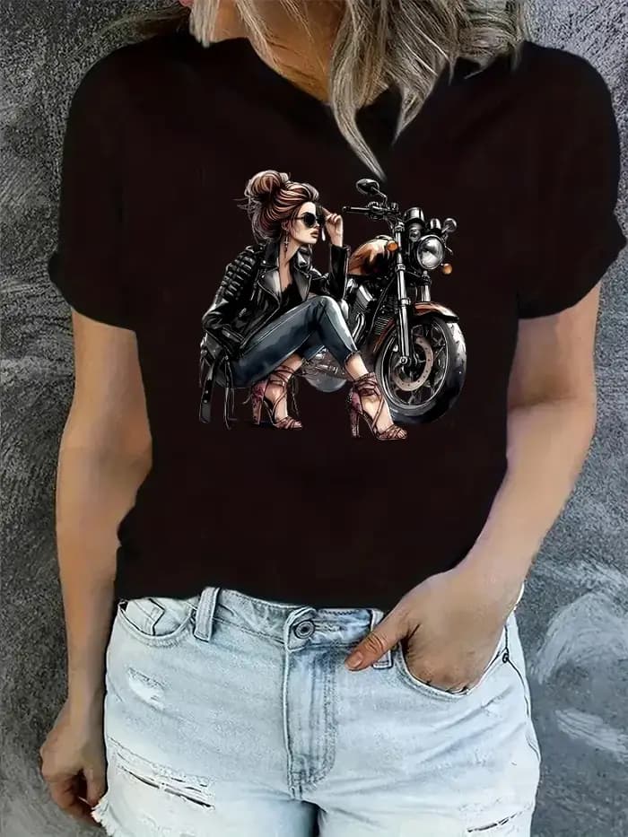 Rétro moto femmes imprimer T-shirt 2000s gothique